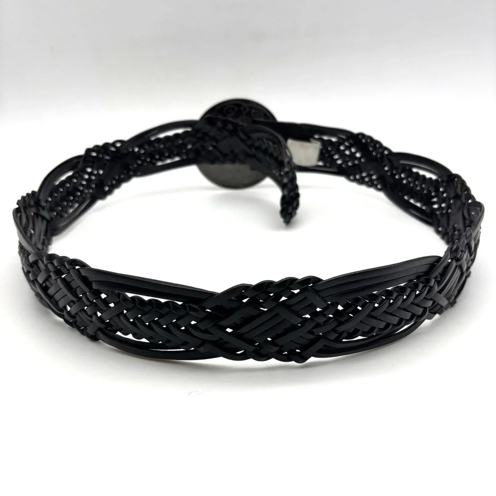 Vintage Y2K New York & Co Black Braided Leather Medallion Buckle Wide Belt M 34